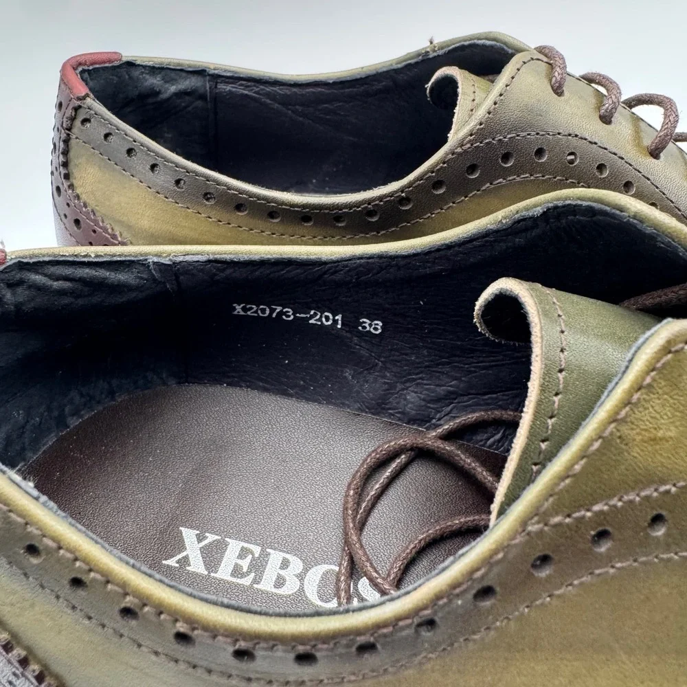 XEBOS Mens  Tricolor Leather Wingtip Brogue Oxford Shoes Size 38 Wood Color